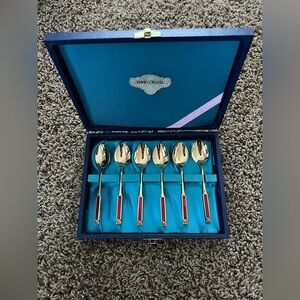 Vintage Set David Orgell Spoons Red Inlay In Box Stainless Steel Japan